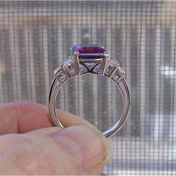 925 STERLING SILVER Bicolor Cubic Zirconia & Baguette Ring Blue & Pink - Picture 7 of 16